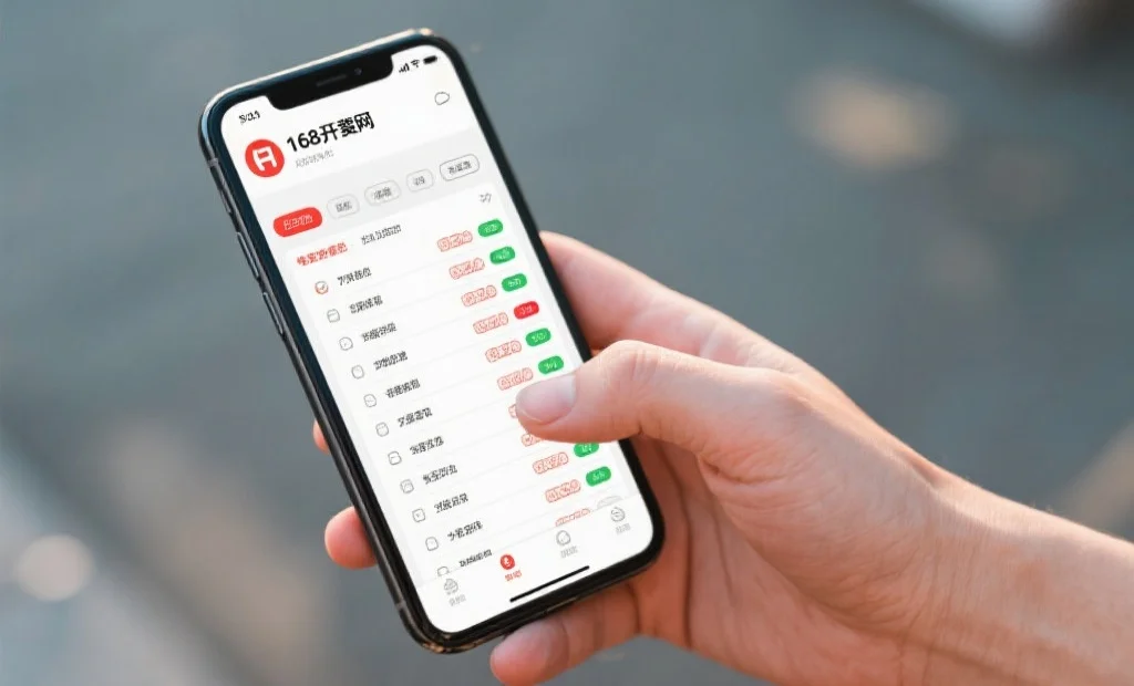 一只手正在操作手机上的168开奖网App，屏幕显示历史开奖数据列表和筛选选项