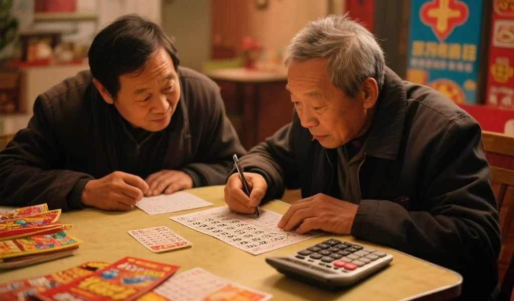 彩民在桌前认真分析号码间的差值，桌面上有彩票和计算器，画面温馨且充满分析氛围